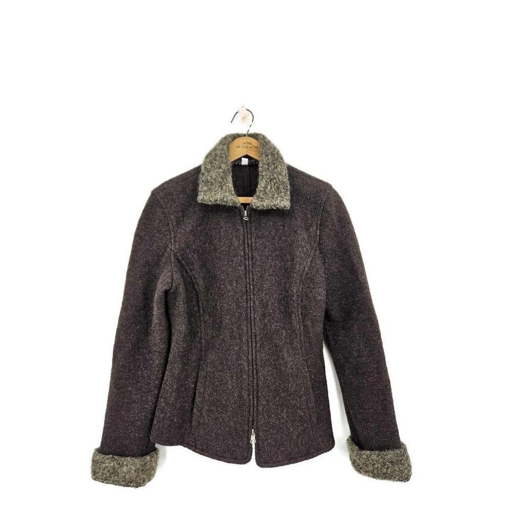Vtg Jenne Maag Wool Zip Front Sweater Womens S Brown Pockets Cuffs
